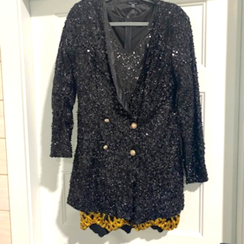 Gold and black sequin dress (L) with black sequin jacket (XL)